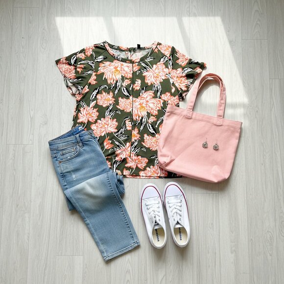 Roz & Ali XL Floral Knit Top Olive Green Coral Cap Sleeve Plus Size Summer - Picture 3 of 9